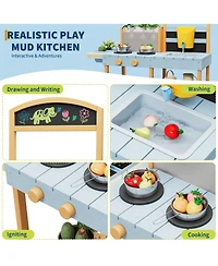 homfan 2 in 1 Wooden Mud Kitchen Water and Sand Table, Fir Wood Sensory Play Table with Removable Basin and Chalkboard for Kids Ages 3