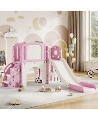 homfan 8 in 1 Toddler Slide, Pink Indoor Outdoor Playground Playset with Climber and Basketball Hoop for Kids Ages 1 to 3