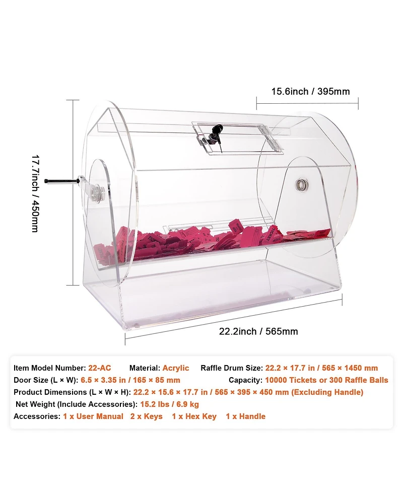 Vevor Acrylic Raffle Drum Lottery Cage Holds 10000 Tickets or 300 Bingo Balls