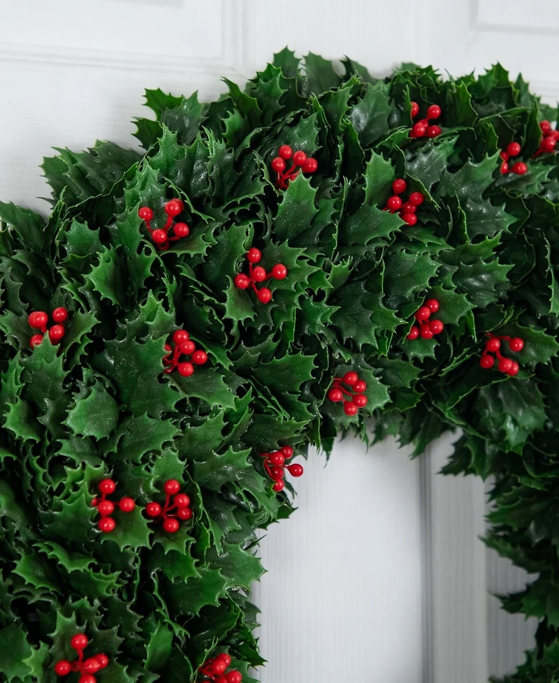 Nearly Natural 24" Ultraviolet Resistant Artificial Holly Berry Christmas Wreath Indoor And Outdoor
