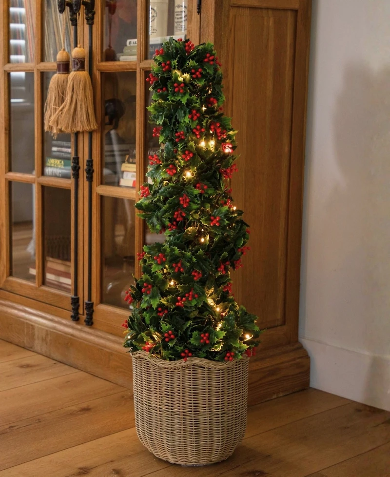 Nearly Natural 3' Ultraviolet Resistant Pre-Lit Artificial Holly Berry Christmas Spiral Tree