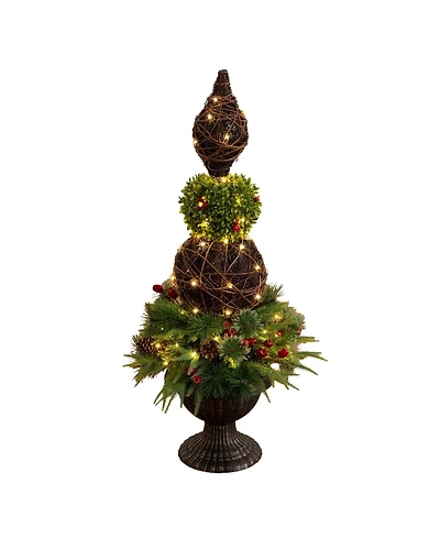 Nearly Natural 3' Pre-Lit Artificial Finial Boxwood Ornament Mixed Pine Topiary Christmas Tree