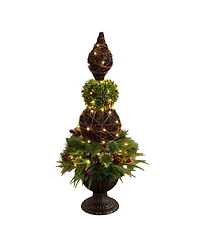 Nearly Natural 3' Pre-Lit Artificial Finial Boxwood Ornament Mixed Pine Topiary Christmas Tree