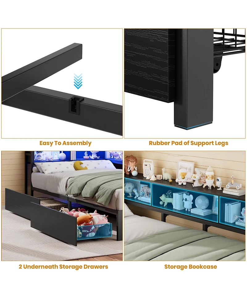 homfan Twin Daybed Frame with Corner Design – Storage Shelf and Drawers, Bookcase Headboard, Charging Station Led Light, Metal Platform Sofa Bed
