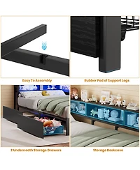 homfan Twin Daybed Frame with Corner Design – Storage Shelf and Drawers, Bookcase Headboard, Charging Station Led Light, Metal Platform Sofa Bed