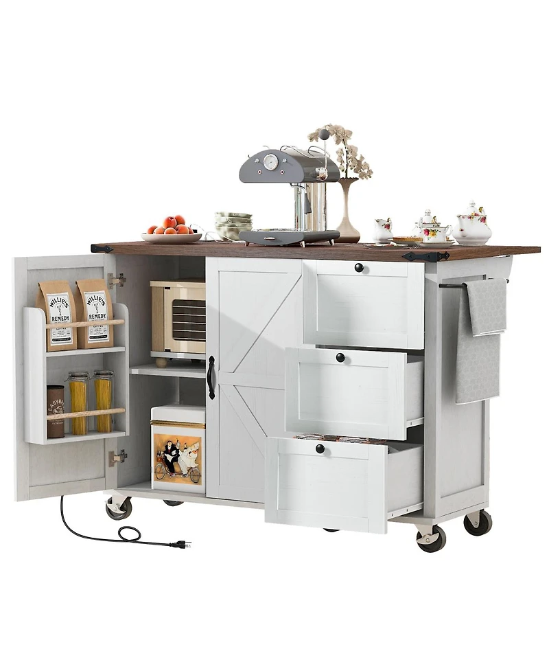 Streamdale Furniture 54.5'' Farmhouse Kitchen Island with Power Outlet Drop Leaf and Storage