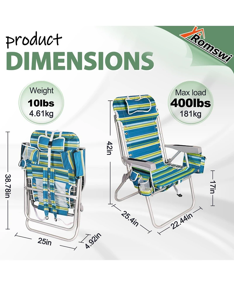 Aofar 17" Beach Chair Wide High Seat Cooler Cup Holder Reclining Towel Bar Pocket Striped