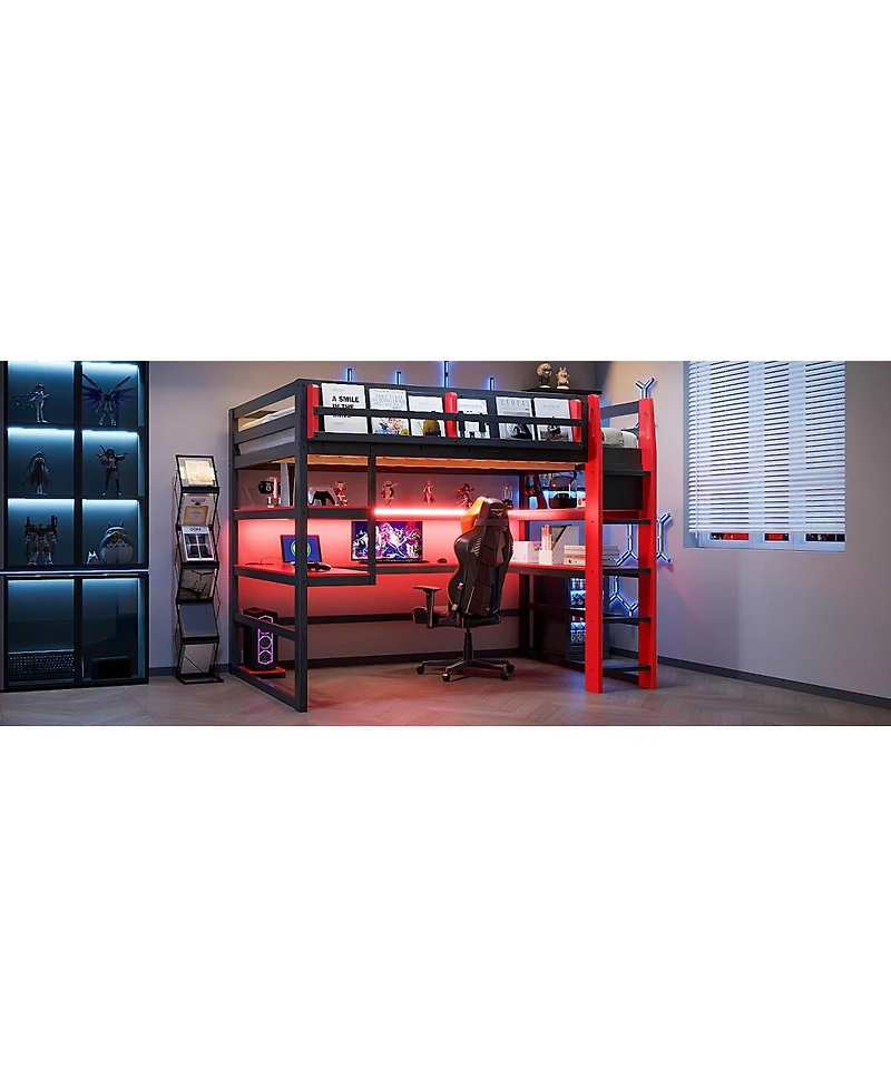 Streamdale Furniture Wood Loft Bed With Desk, Storage, Rgb Light