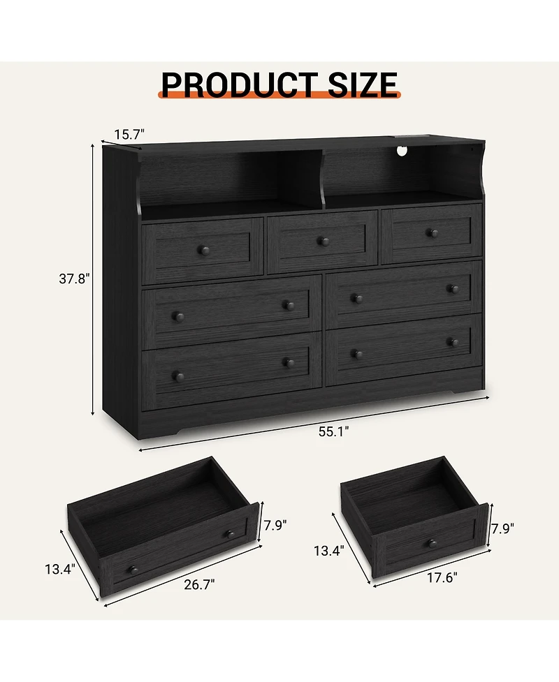 homfan 7-Drawer Wooden Dresser with Usb Charging Station and Led Lights, Modern Chest 2 Open Cubbies for Bedroom, Living Room