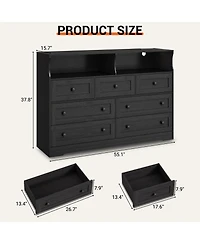 homfan 7-Drawer Wooden Dresser with Usb Charging Station and Led Lights, Modern Chest 2 Open Cubbies for Bedroom, Living Room