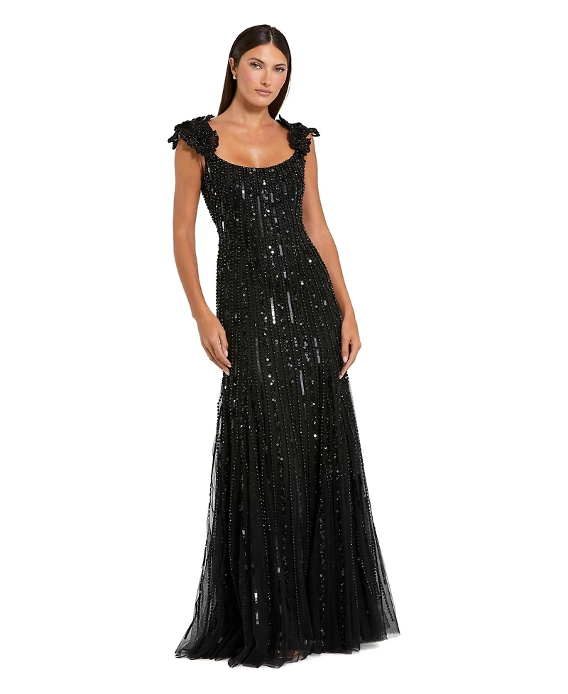 Mac Duggal Women's Floral Shoulder Sequin Mesh Evening Gown