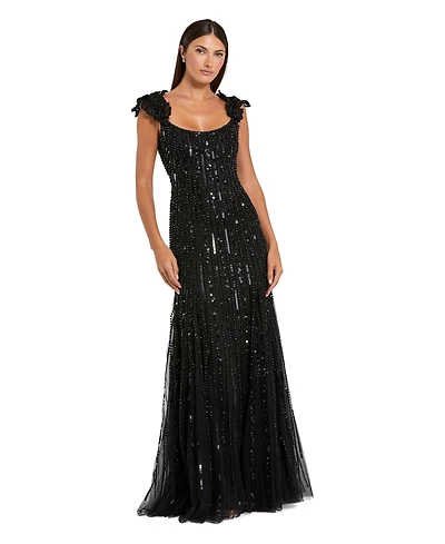 Mac Duggal Women's Floral Shoulder Sequin Mesh Evening Gown