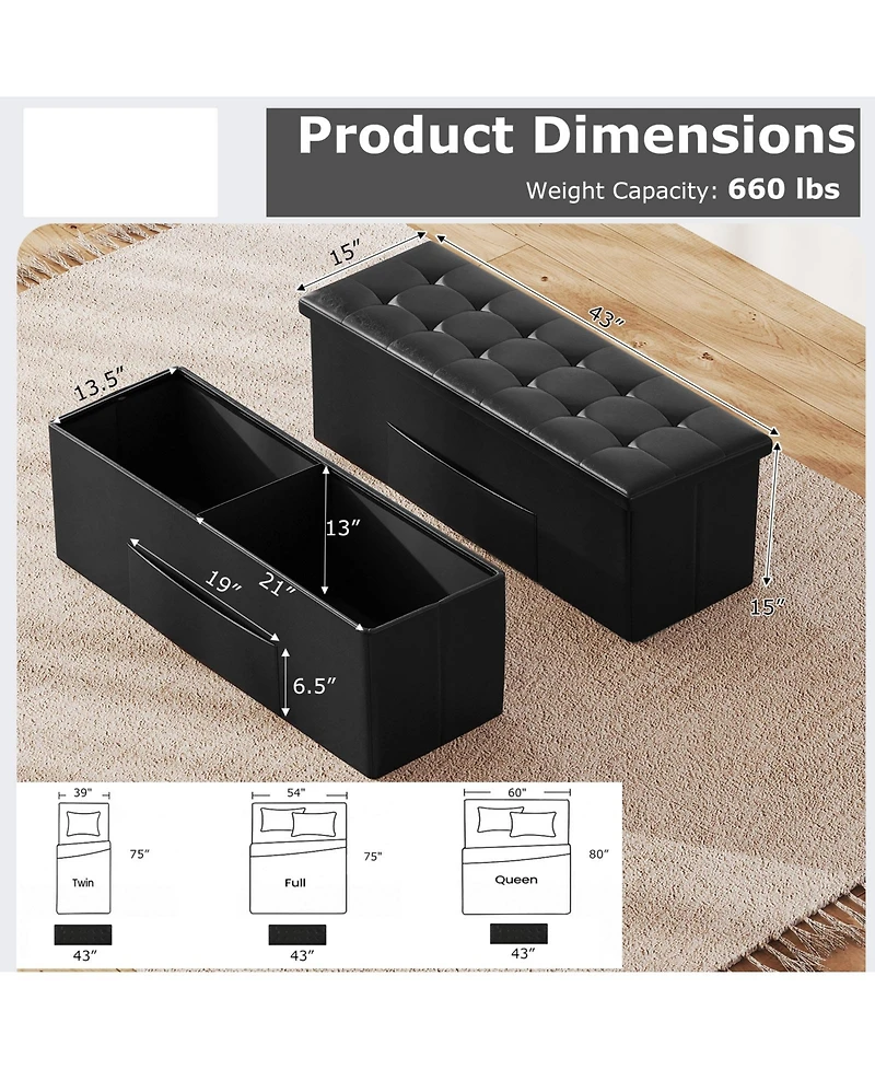 Sugift 43 in. Folding Storage Ottoman Bench with Pu Leather Top, 38 Gallon Capacity