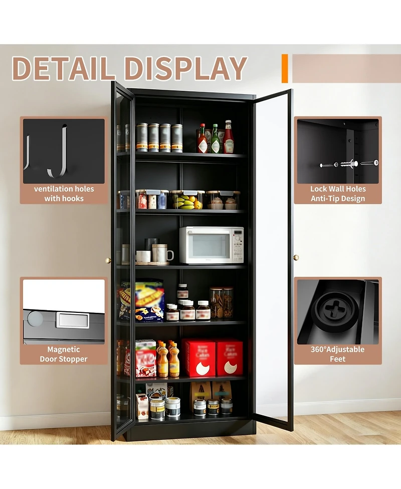 Boyel Living Storage Cabinet 72 Inch Tall 5 Shelf Glass Door Metal Organizer