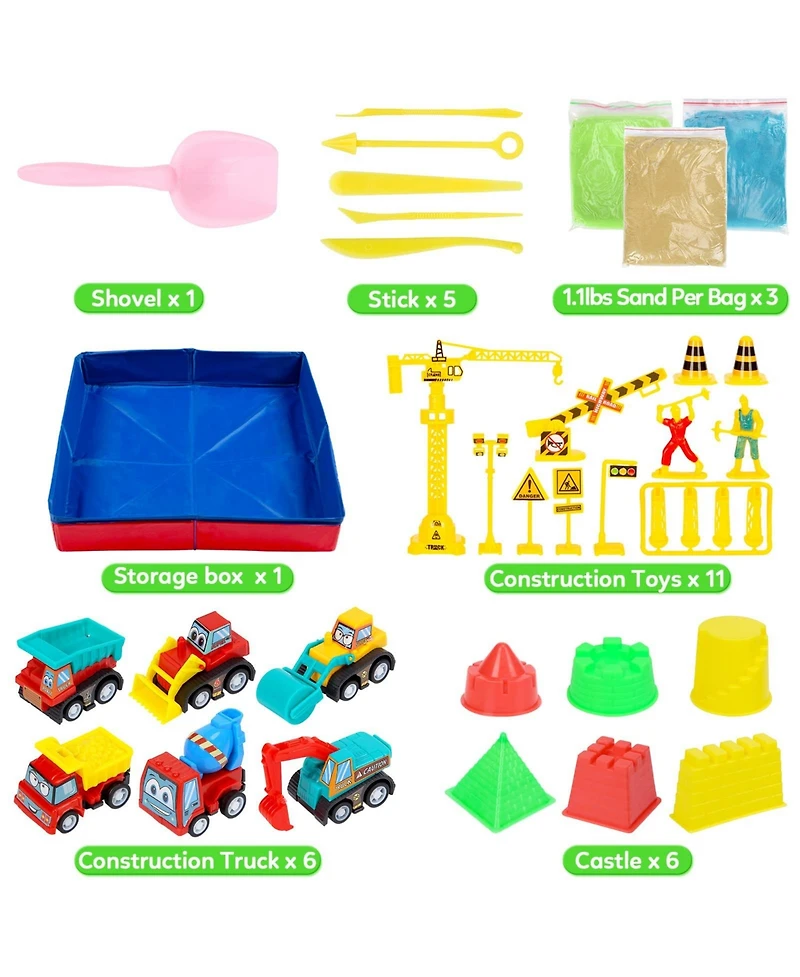 homfan 43Pieces Construction Sand Toy Set for Kids - 3lbs Play Sand, 6 Mini Trucks, Castle Molds, Tools, Collapsible Sandbox and Storage Bin
