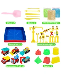 homfan 43Pieces Construction Sand Toy Set for Kids - 3lbs Play Sand, 6 Mini Trucks, Castle Molds, Tools, Collapsible Sandbox and Storage Bin