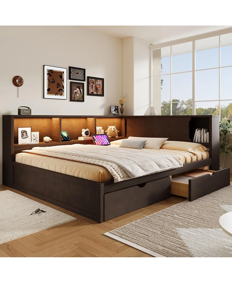 Streamdale Furniture Wood Daybed with Storage Shelves, Usb, Led, and 2 Drawers