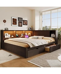 Streamdale Furniture Wood Daybed with Storage Shelves, Usb, Led, and 2 Drawers