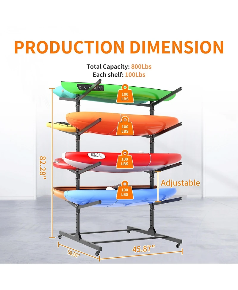 Boyel Living Steel Kayak Storage Rack Vertical 8 Capacity Adjustable Shelves Heavy Duty