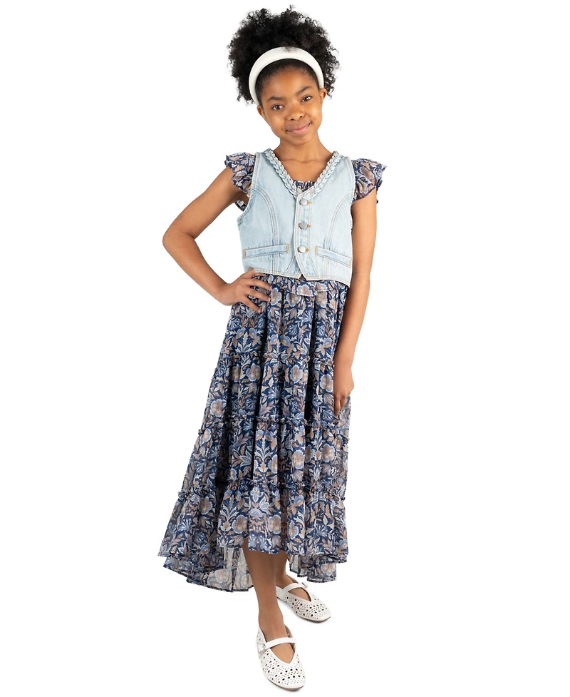 Rare Editions Girls' 7-16 Floral Print Sleeveless Dress and Denim Vest, 2-Piece Set