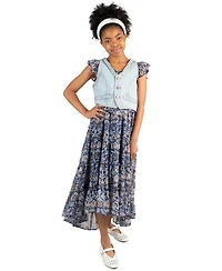 Rare Editions Girls' 7-16 Floral Print Sleeveless Dress and Denim Vest, 2-Piece Set