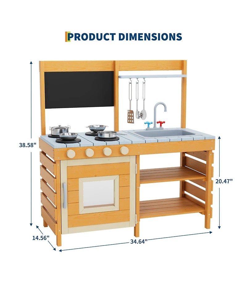 homfan Outdoor Wooden Play Kitchen, Fir Wood Kids Mud Kitchen for Children Ages 3 Plus for Backyard or Garden