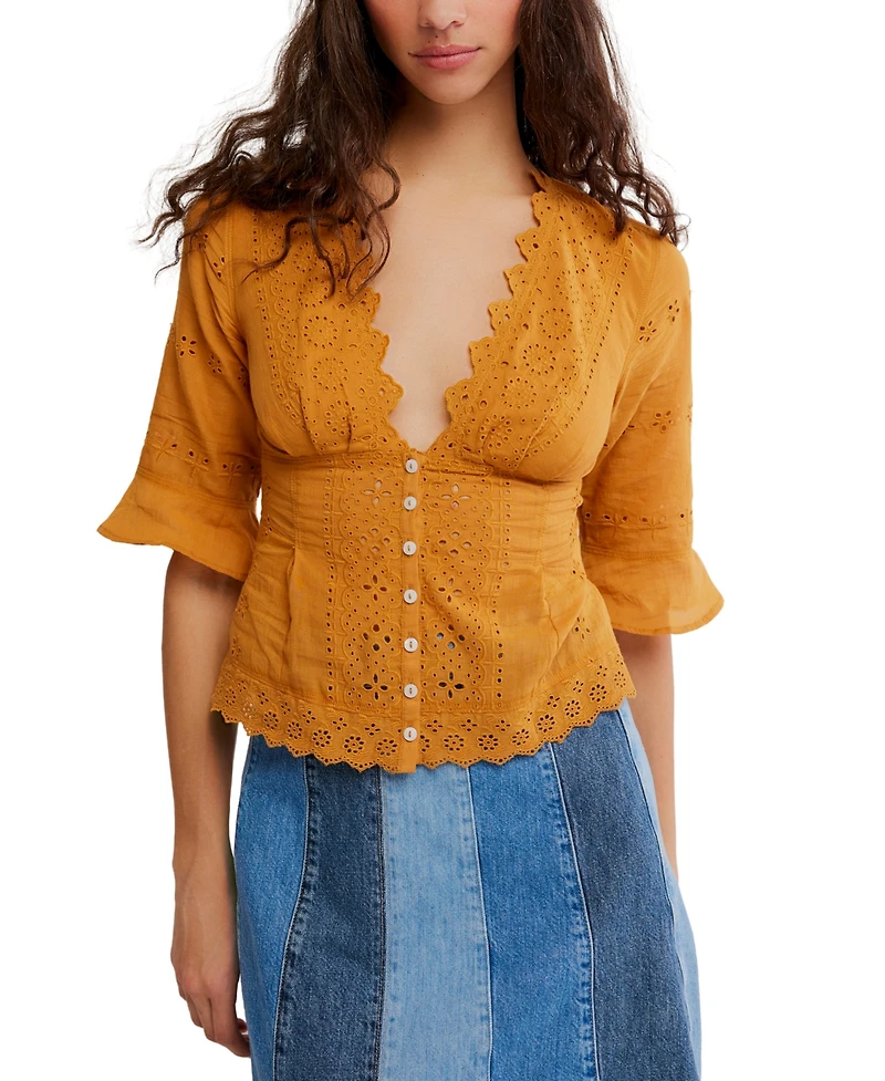 Free People Women's Eyelet Lace Embroidered Button-Front Blouse