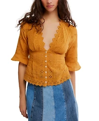 Free People Women's Eyelet Lace Embroidered Button-Front Blouse