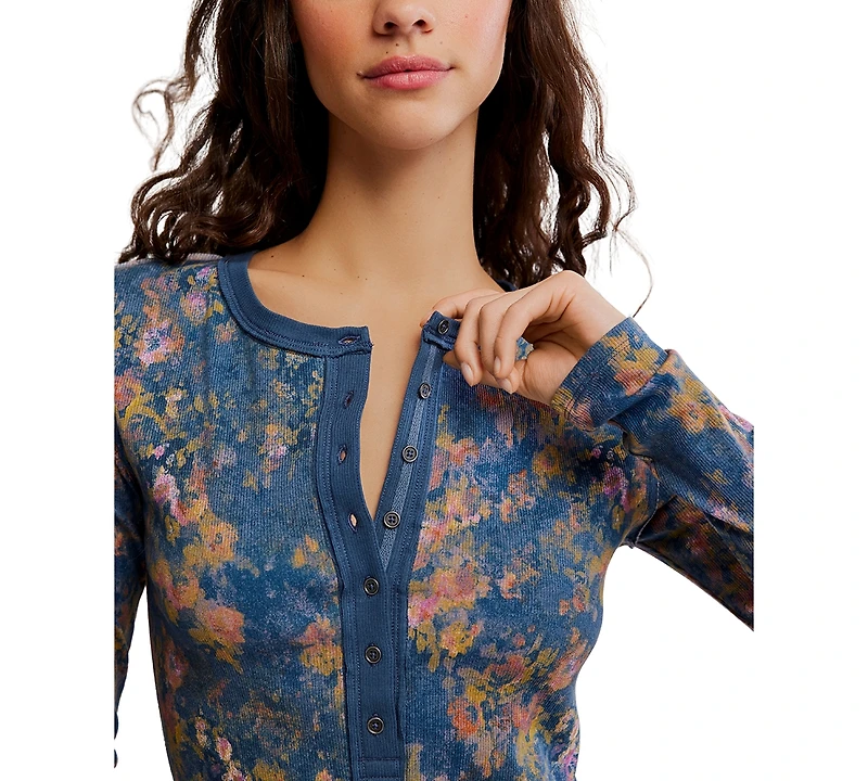 Free People Women's Printed Ribbed Henley Neck Top