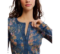 Free People Women's Printed Ribbed Henley Neck Top