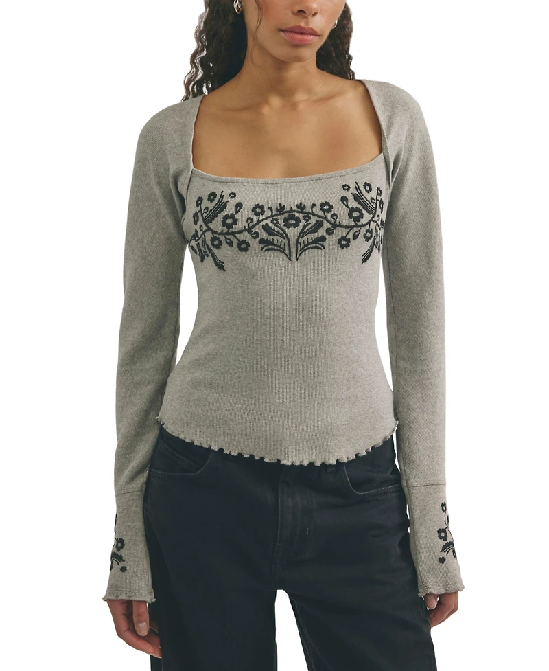 Free People Women's Olivia Ribbed Embroidered Long-Sleeve Top