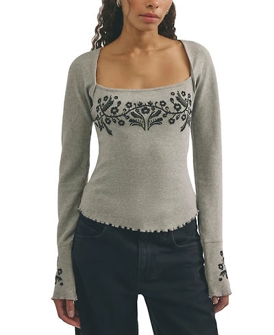 Free People Women's Olivia Ribbed Embroidered Long-Sleeve Top