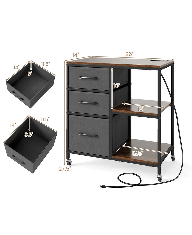 Mecale 3-Drawer Mobile File Cabinet with Charging Station