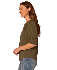Democracy Women's Smocked Pintuck Knit Mandarin Collar Top