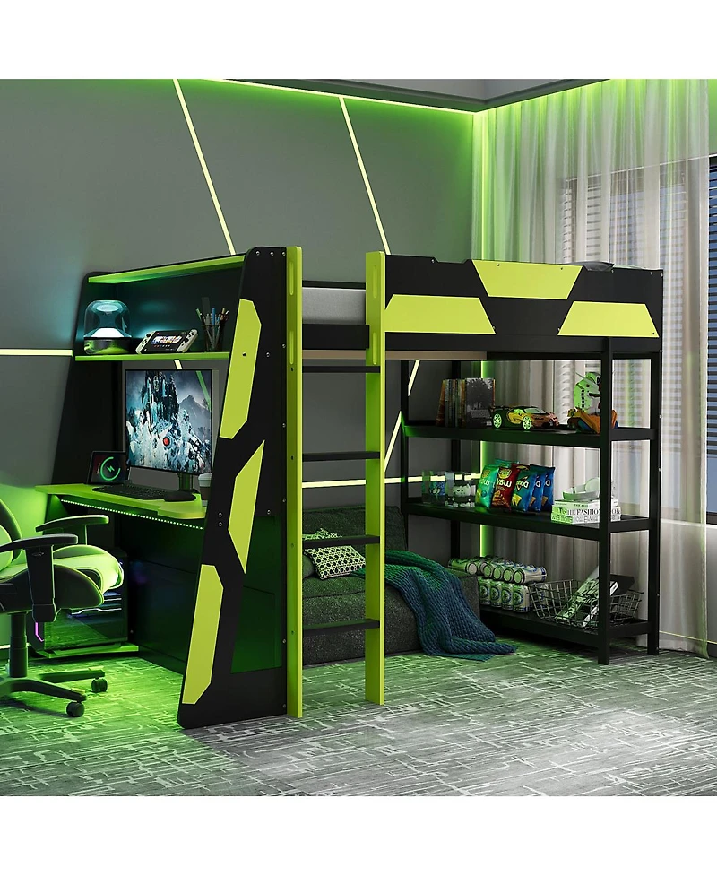 Streamdale Furniture Gaming Loft Bed with Desk, Shelves and Led Lights