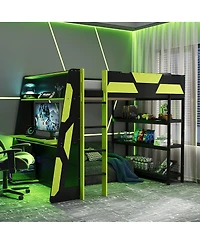 Streamdale Furniture Gaming Loft Bed with Desk, Shelves and Led Lights