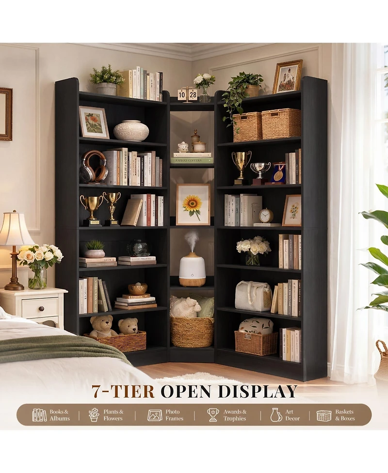 Aheaplus 71" Tall Corner Bookshelf with 15 Shelves, 7-Tiers L-Shaped Bookcase