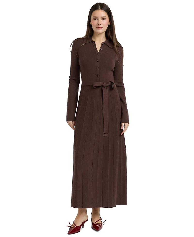 En Saison Women's Collared Button-Front Tie-Waist Pleated Knit Maxi Dress