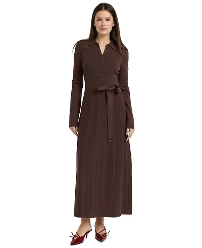 En Saison Women's Collared Button-Front Tie-Waist Pleated Knit Maxi Dress