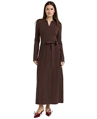 En Saison Women's Collared Button-Front Tie-Waist Pleated Knit Maxi Dress