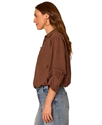 Democracy Petite Ruched-Sleeve Bubble-Hem Shirt