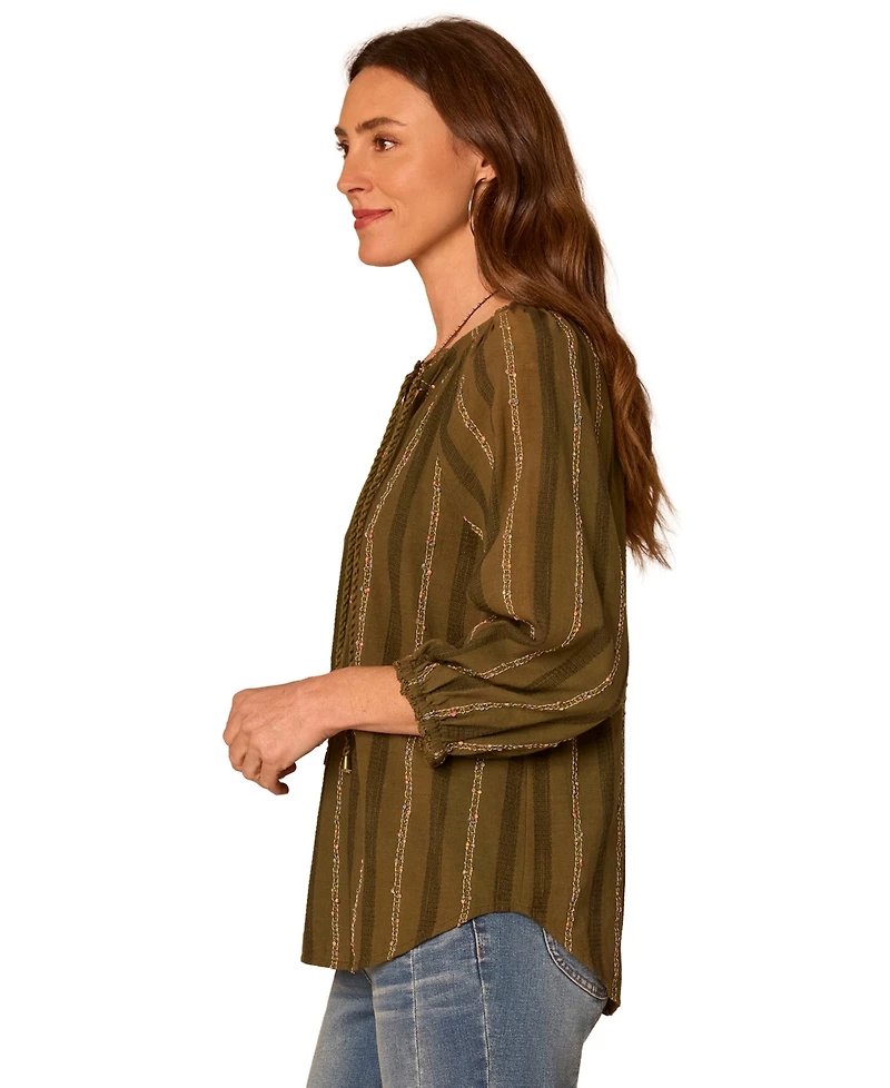 Democracy Petite Blouson-Sleeve Split Neck Woven Top