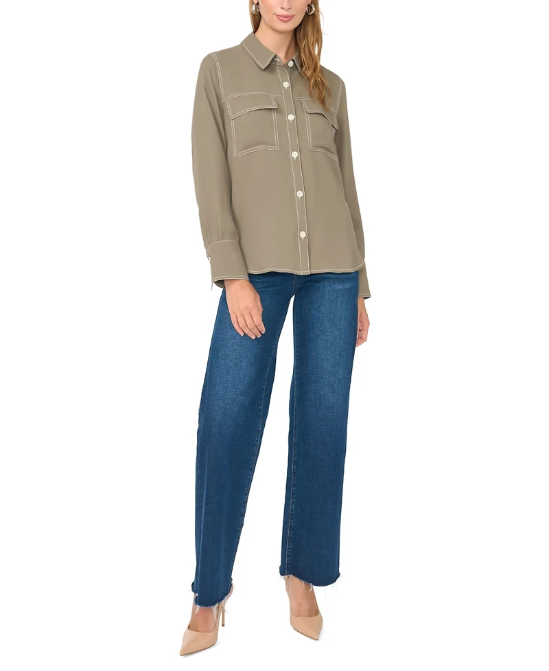 Vince Camuto Women's Contrast Stitch Button Front Collared Top