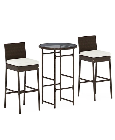 Sugift 3 Piece Outdoor Bar Set with Pe Wicker Stools, Tempered Glass Table and Cushions