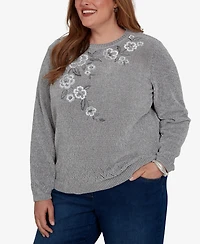 Alfred Dunner Plus Classic Embroidered Floral Textured Chenille Sweater