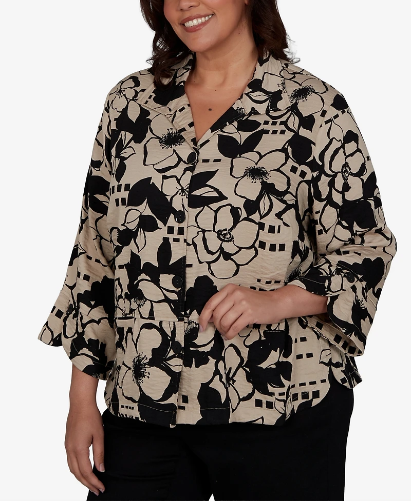 Alfred Dunner Plus Travel Advisory Geo Floral Button-Front Top