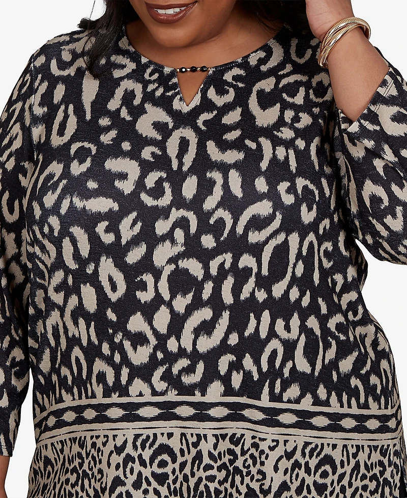 Alfred Dunner Plus Travel Advisory Animal Print Split Neck Knit Top