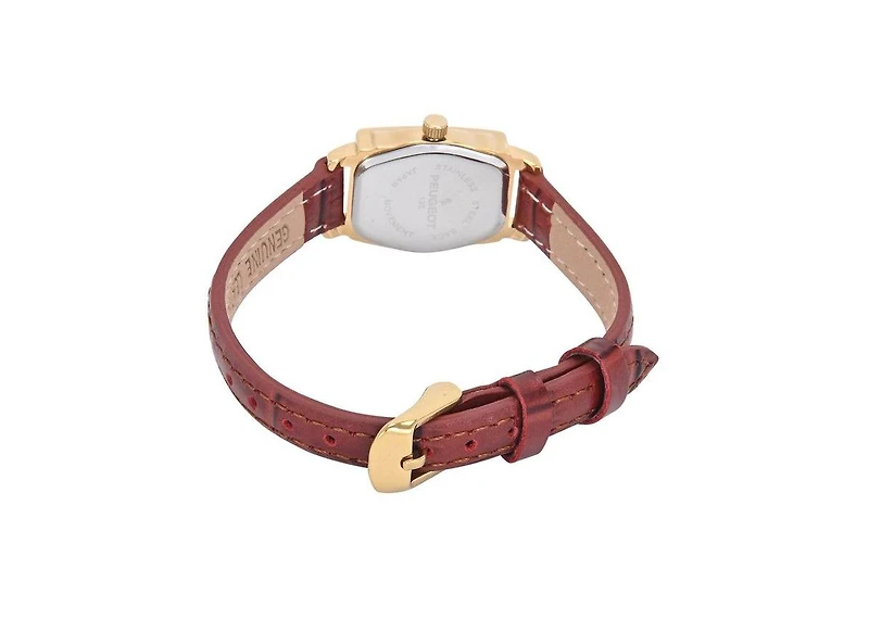 Peugeot Women's Vintage 14K Gold-Plated Rectangular Small Face Watch with Leather Strap