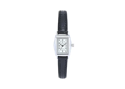 Peugeot Women's Vintage Rectangular Silver Case Small Face Watch with Leather Strap