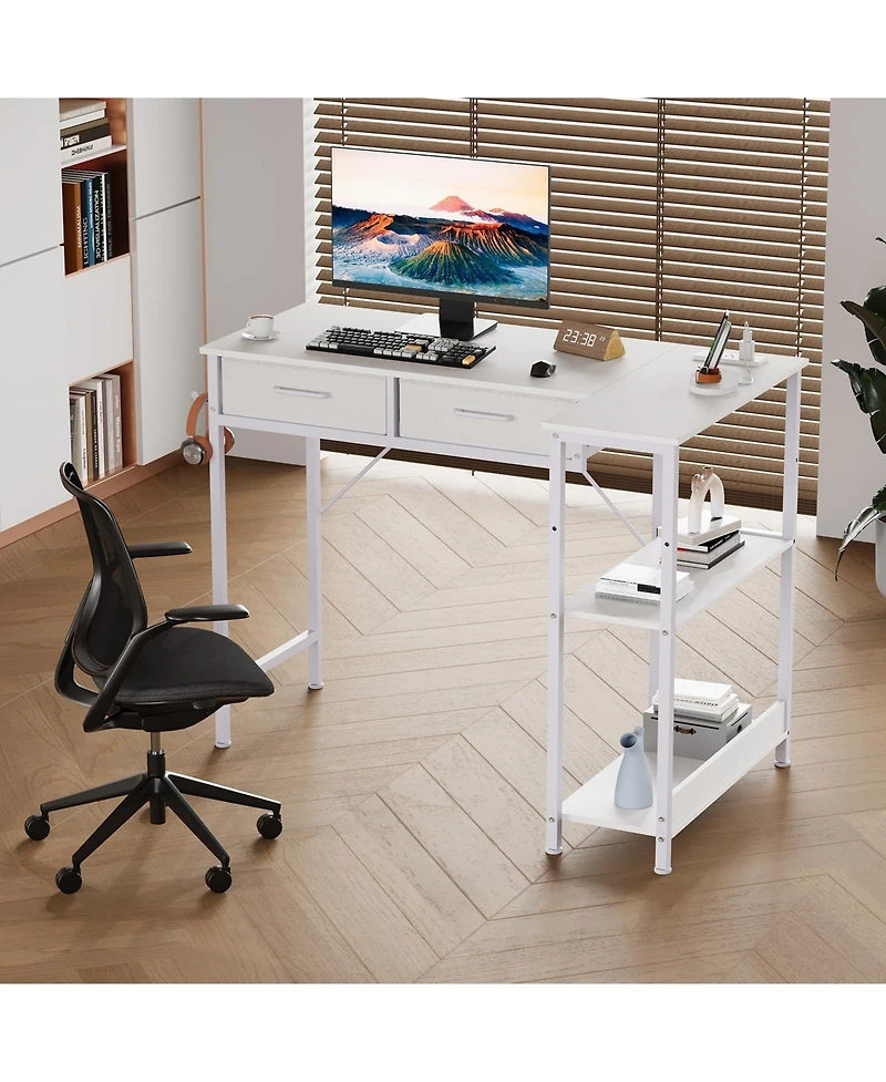 homfan 40" L-Shaped Gaming Desk – Power Outlet, 3-Tier Shelves, 2 Drawers and Headphone Hook for Small Spaces